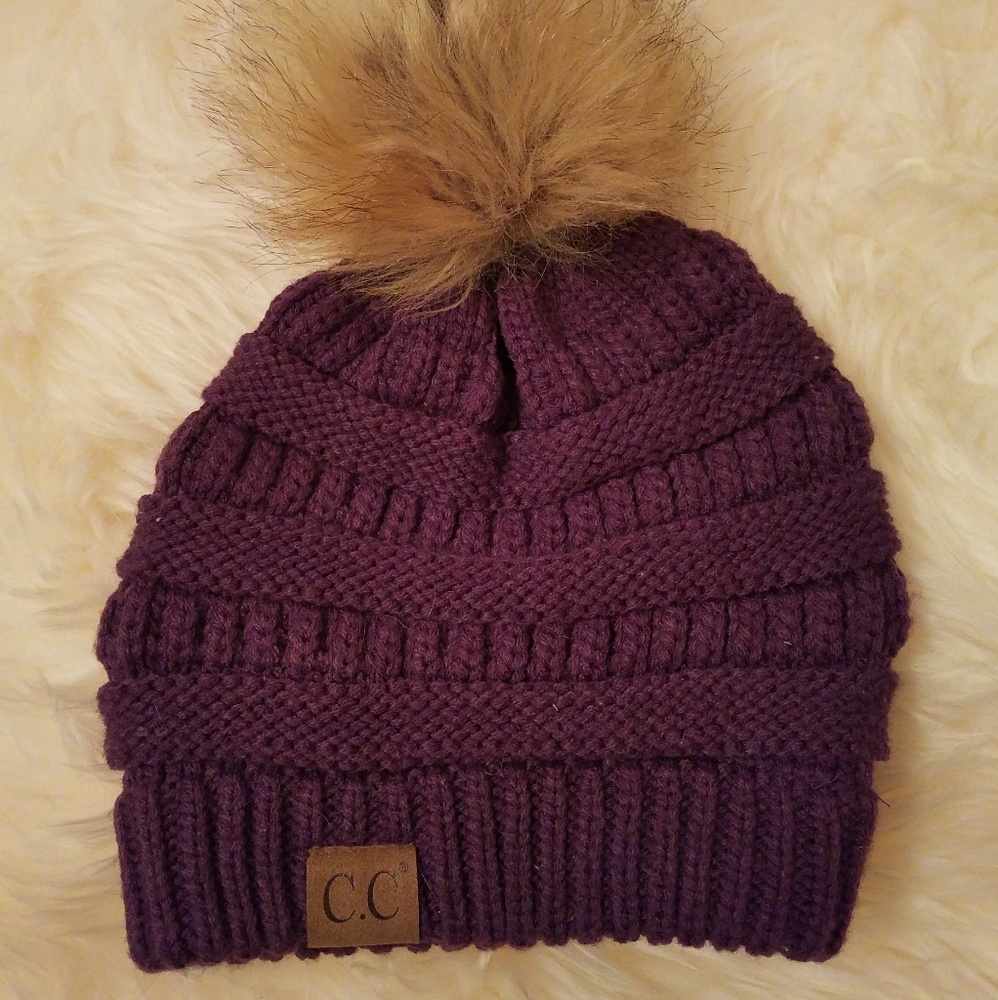 Womens purple CC hat with pom pom!